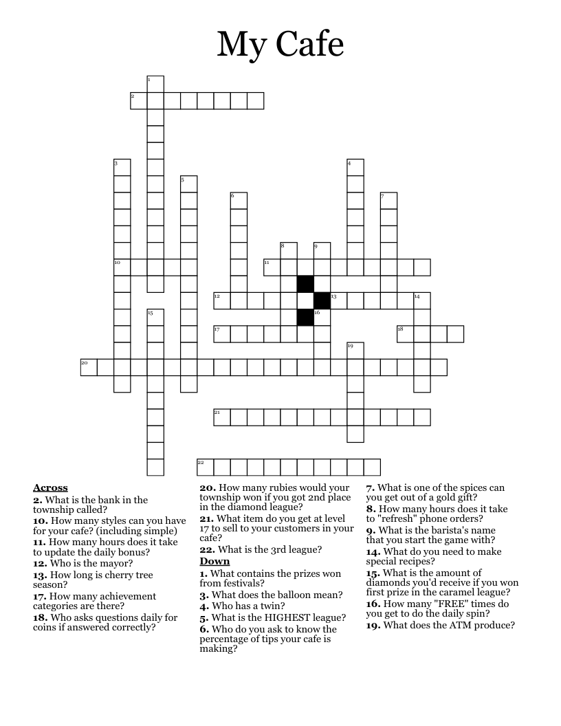 My Cafe Crossword