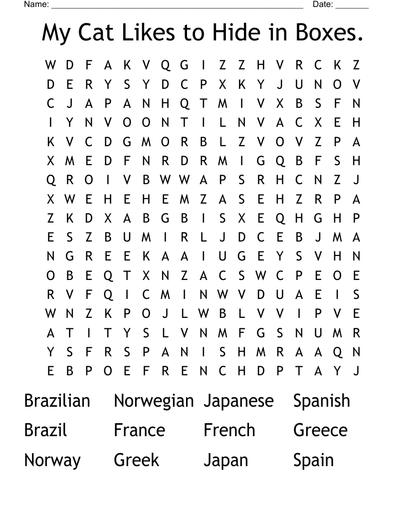My Cat Likes to Hide in Boxes. Word Search