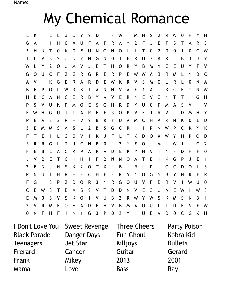My Chemical Romance Word Search