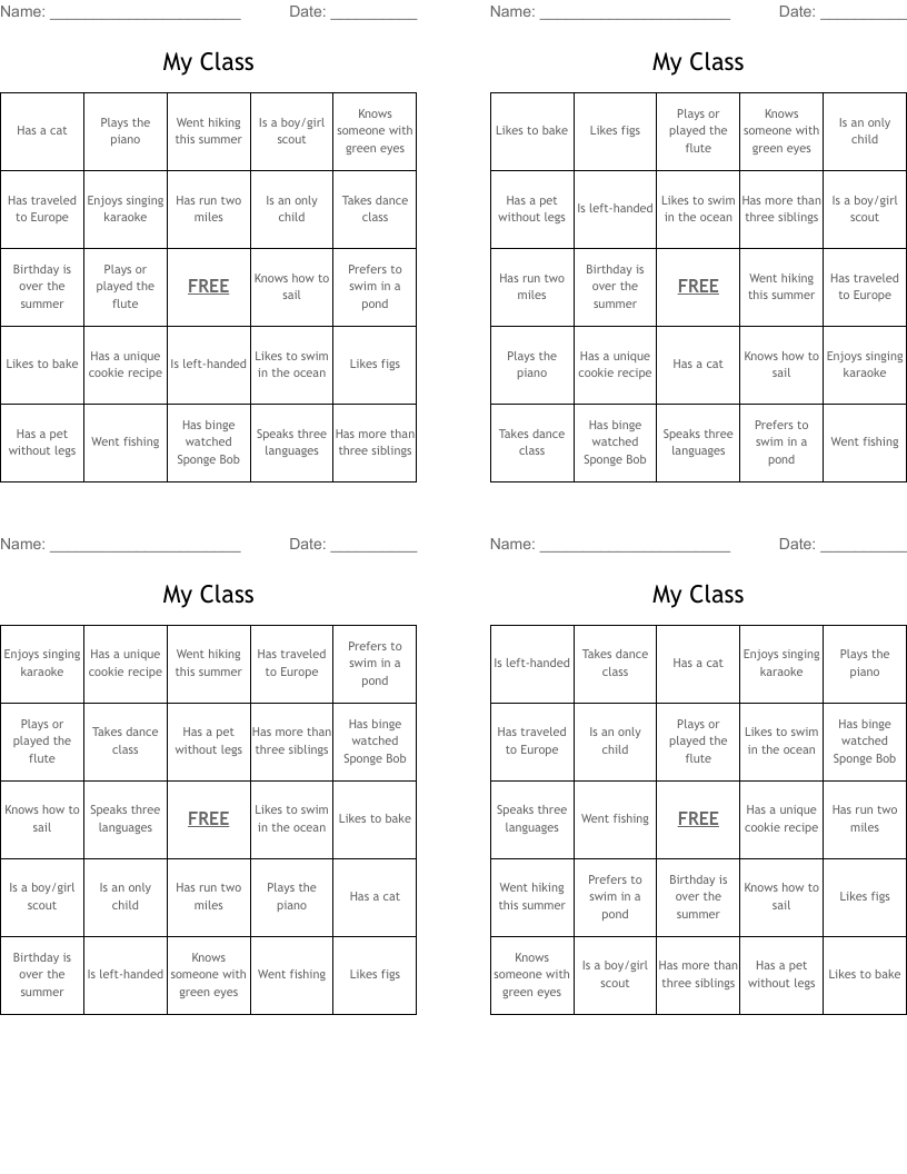 My Class Bingo Cards