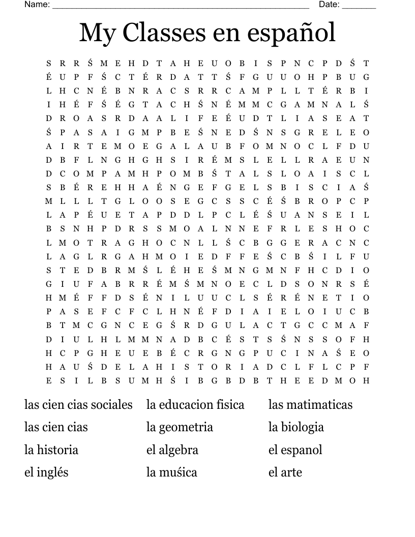 My Classes en español Word Search