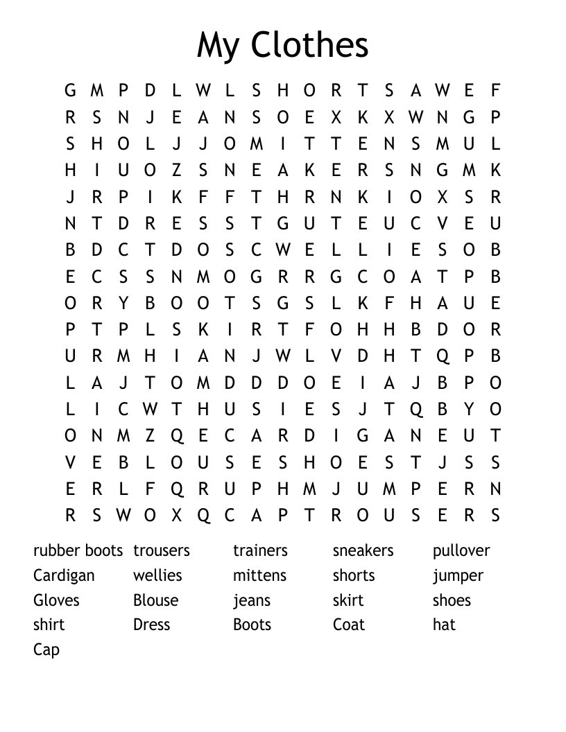 My Clothes Word Search