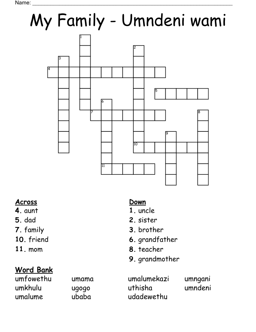 My Family - Umndeni wami Crossword