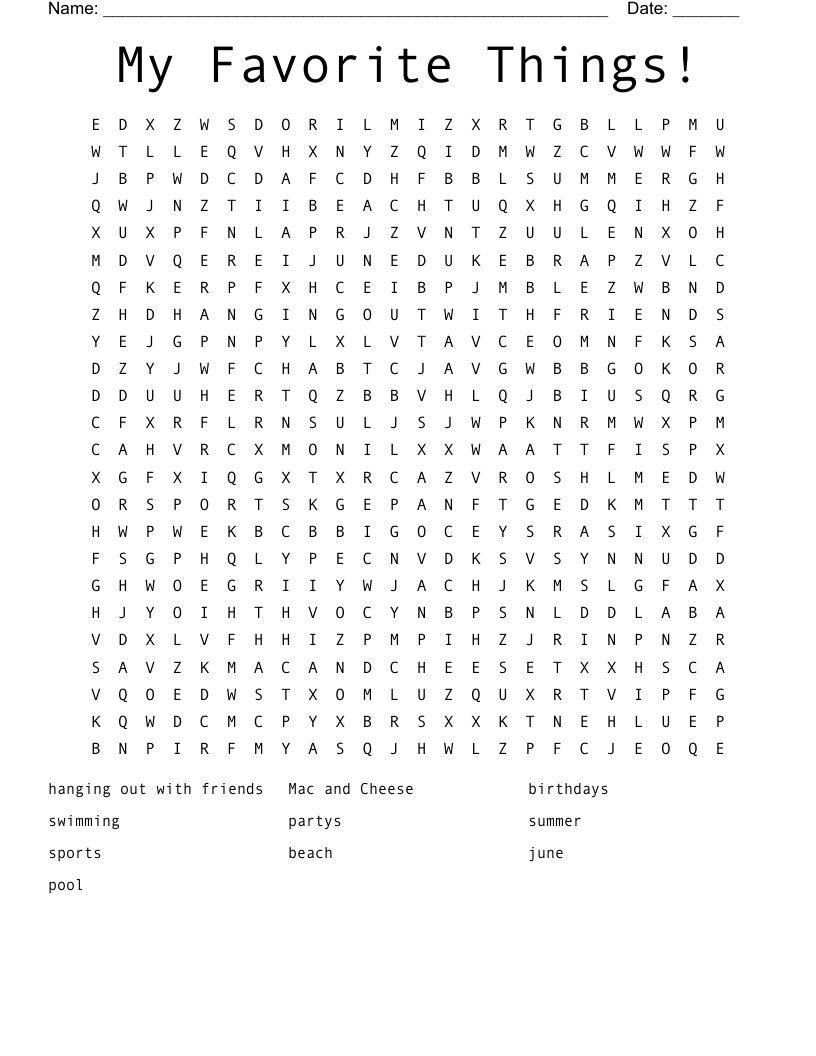 My Favorite Things! Word Search