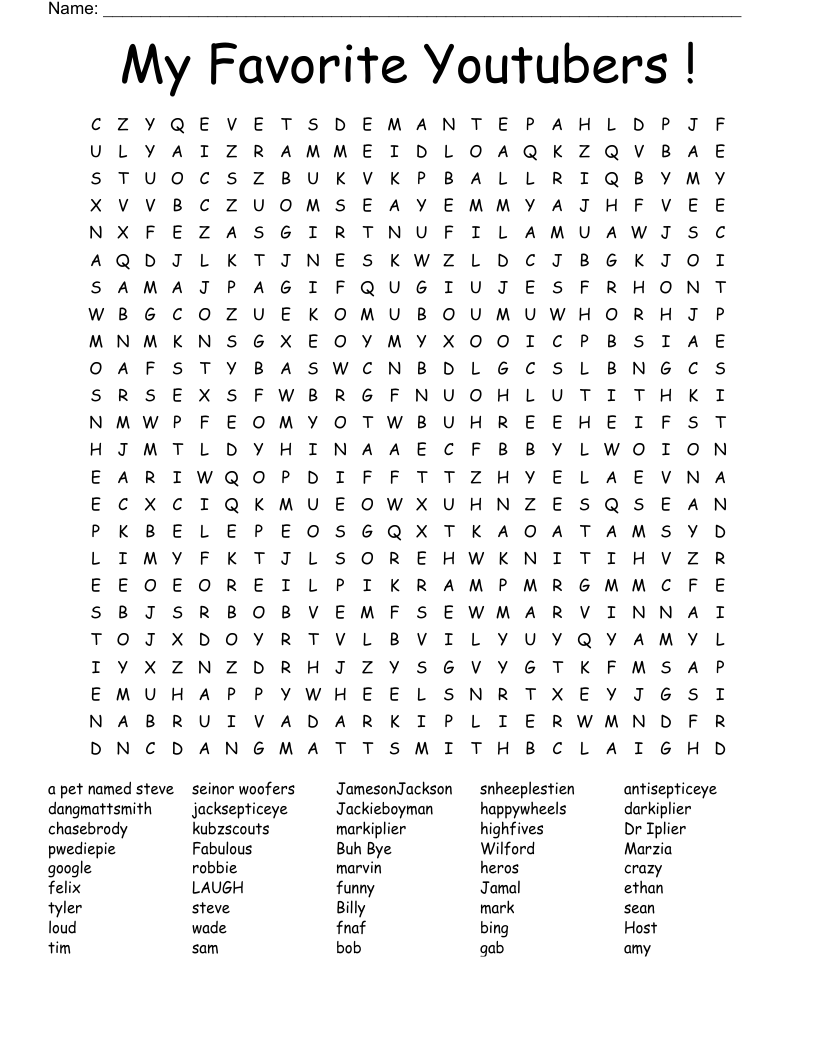 My Favorite Youtubers ! Word Search