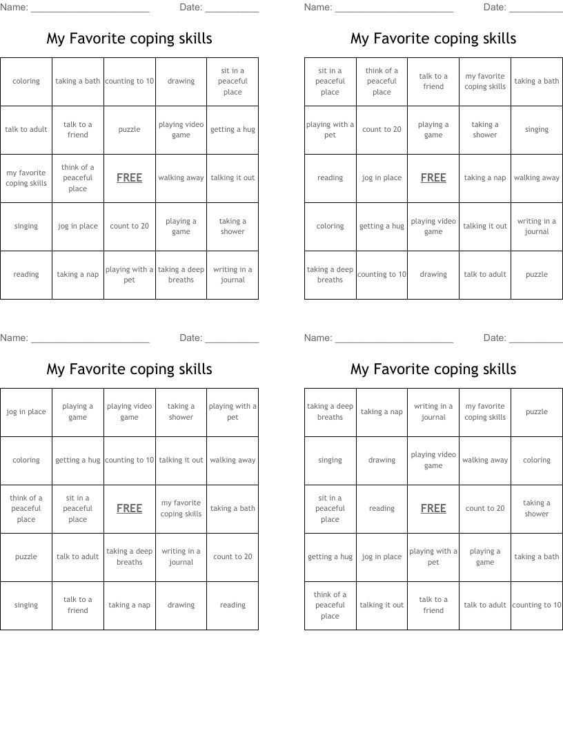 My Favorite coping skills  Bingo Cards