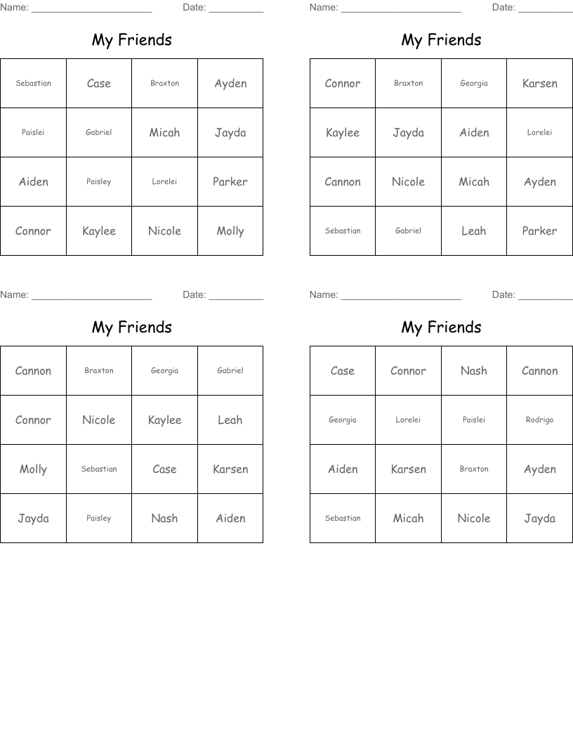 My Friends Bingo Cards