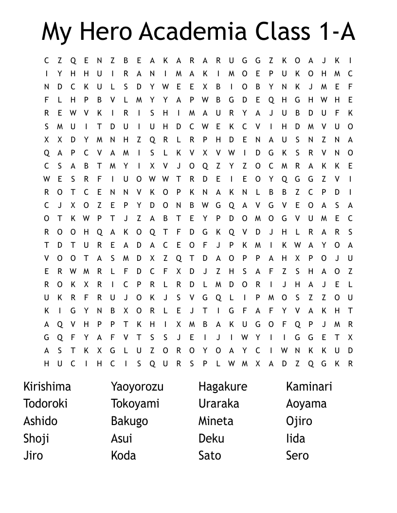 My Hero Academia Class 1-A Word Search