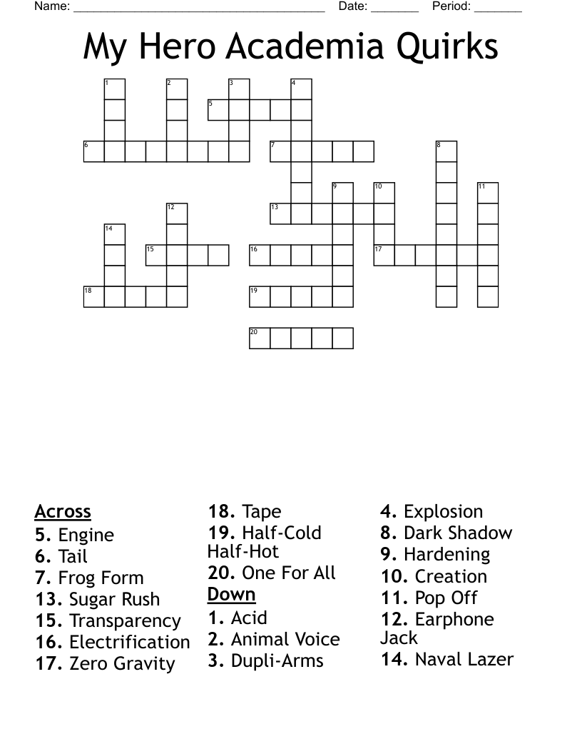 My Hero Academia Quirks Crossword