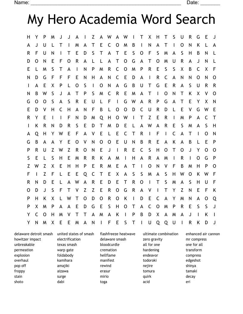 My Hero Academia Word Search 