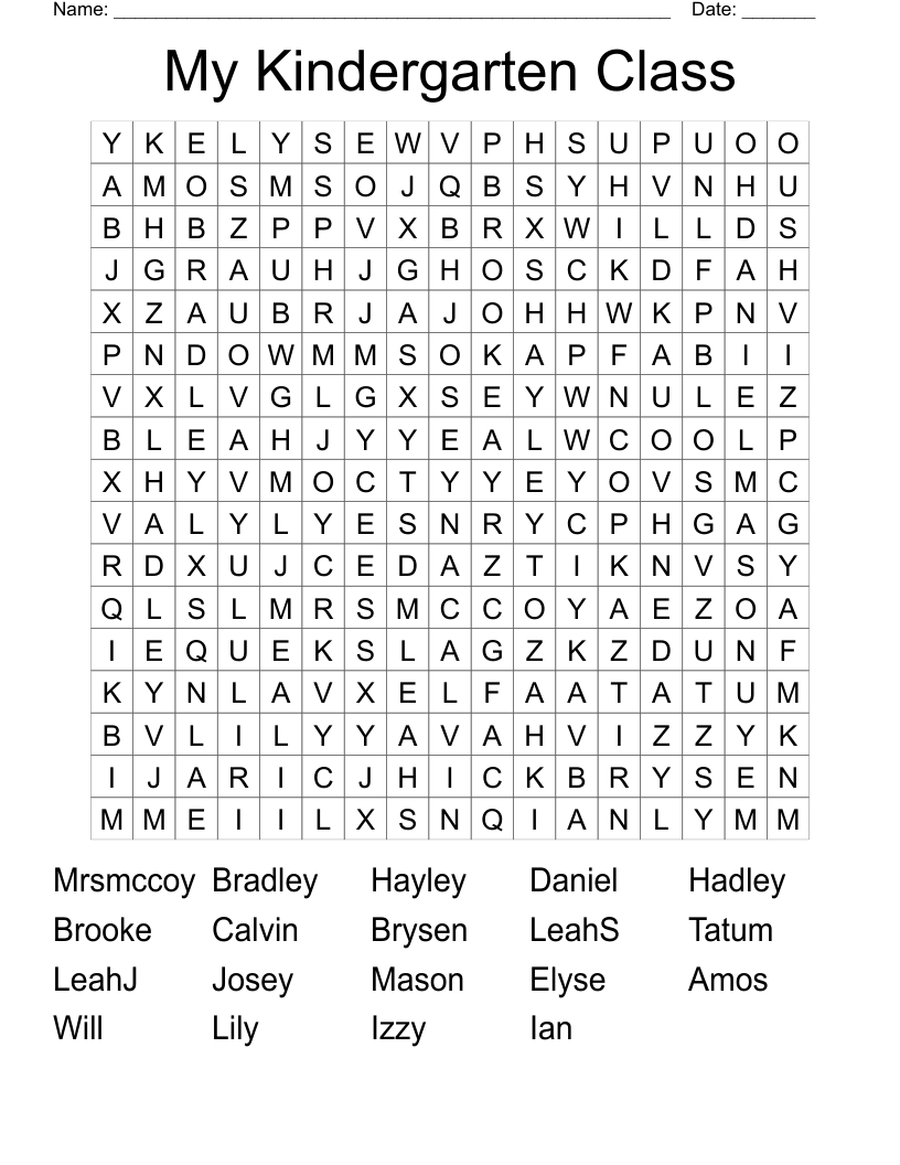 My Kindergarten Class Word Search