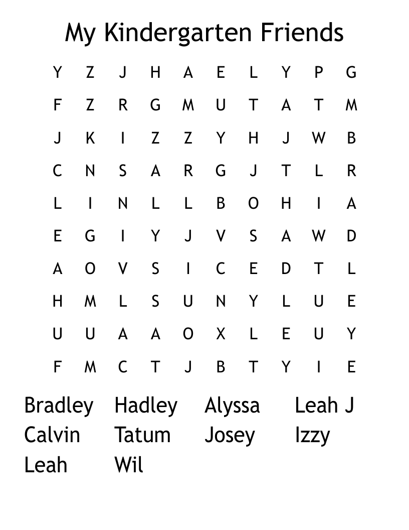 My Kindergarten Friends Word Search