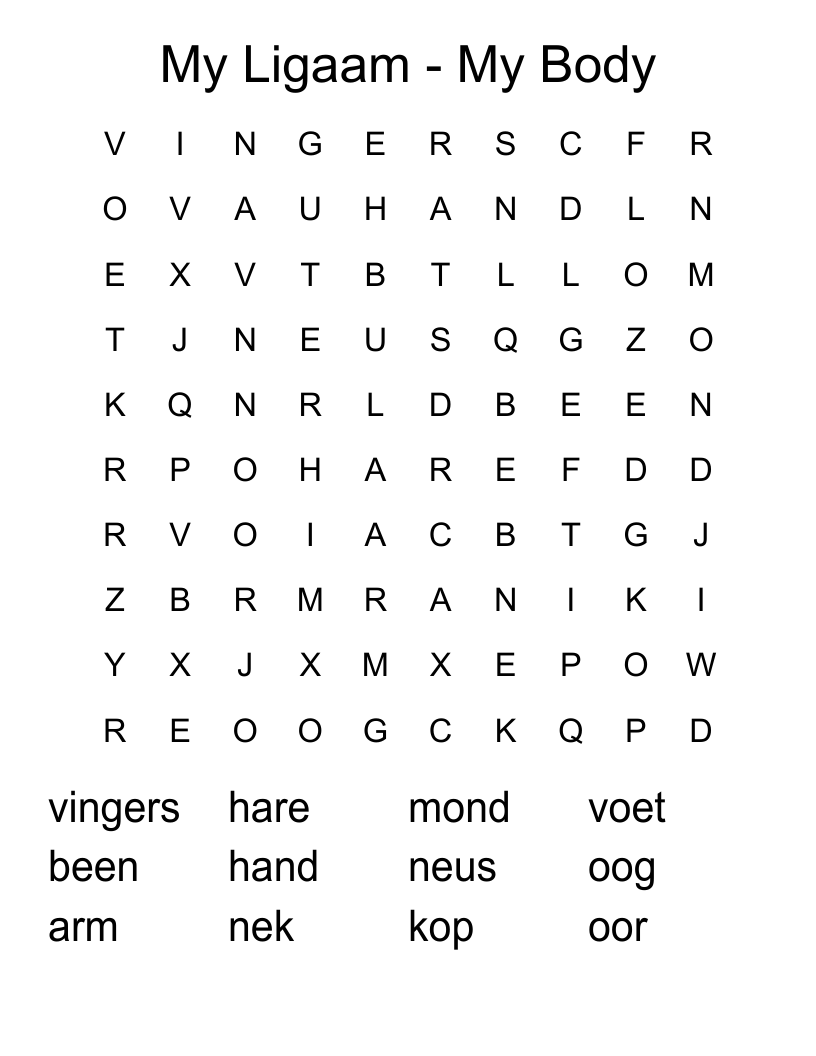 My Ligaam - My Body Word Search