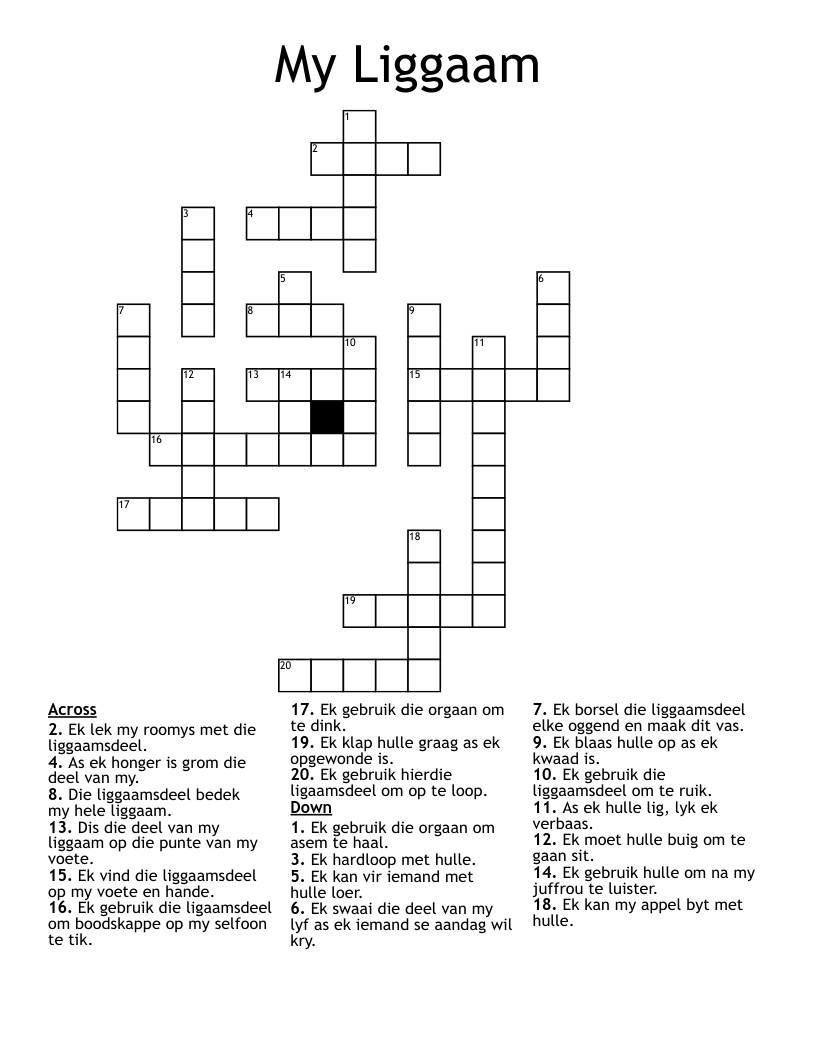 My Liggaam Crossword