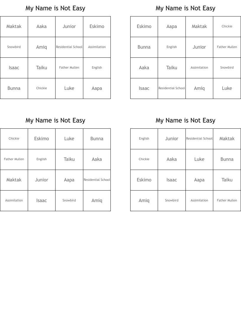 My Name is Not Easy Bingo Cards