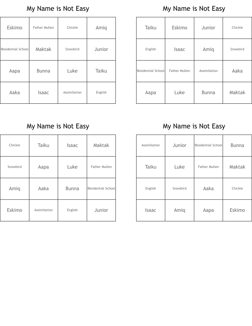 My Name is Not Easy Bingo Cards