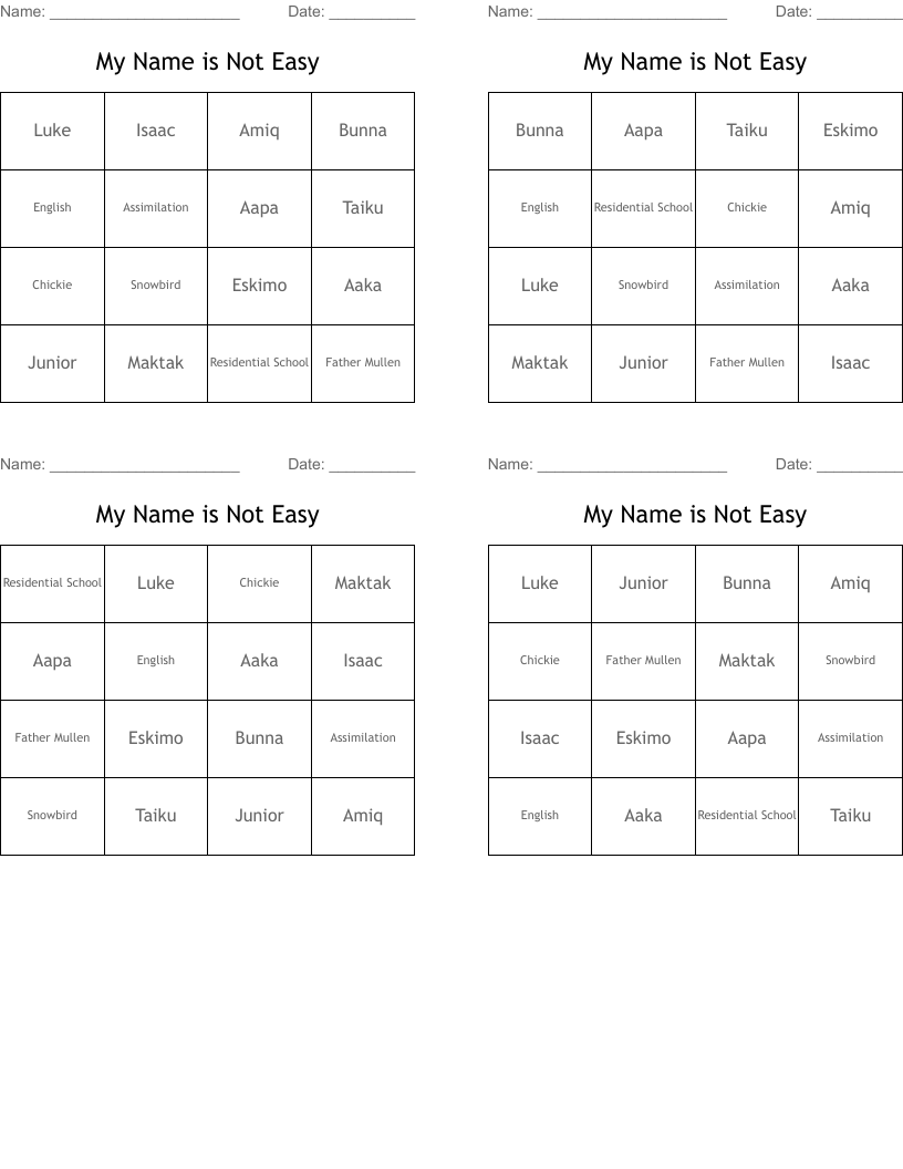 My Name is Not Easy Bingo Cards