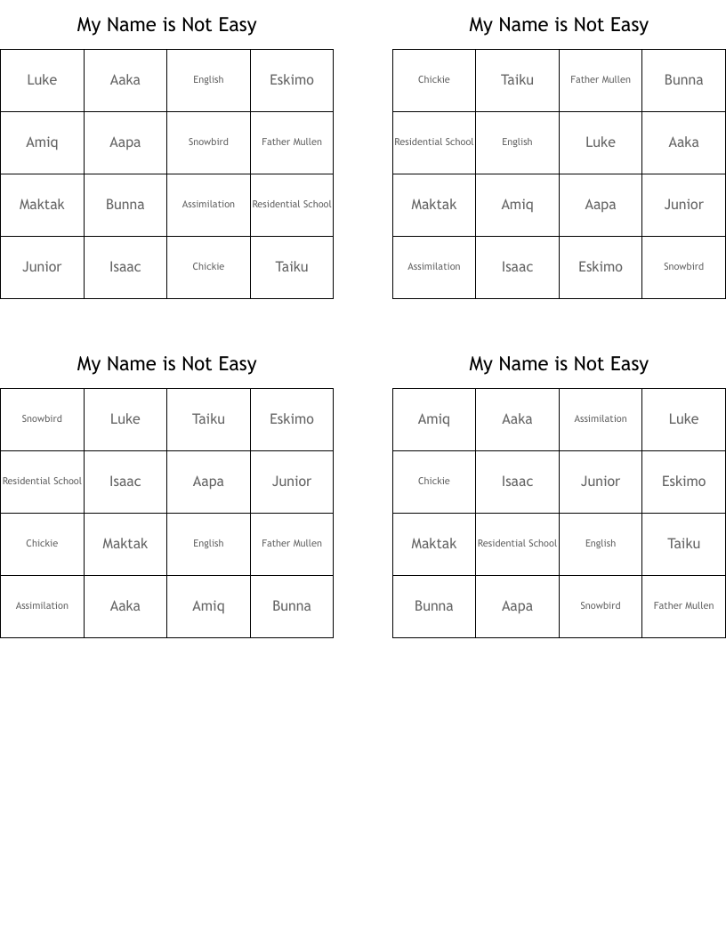 My Name is Not Easy Bingo Cards