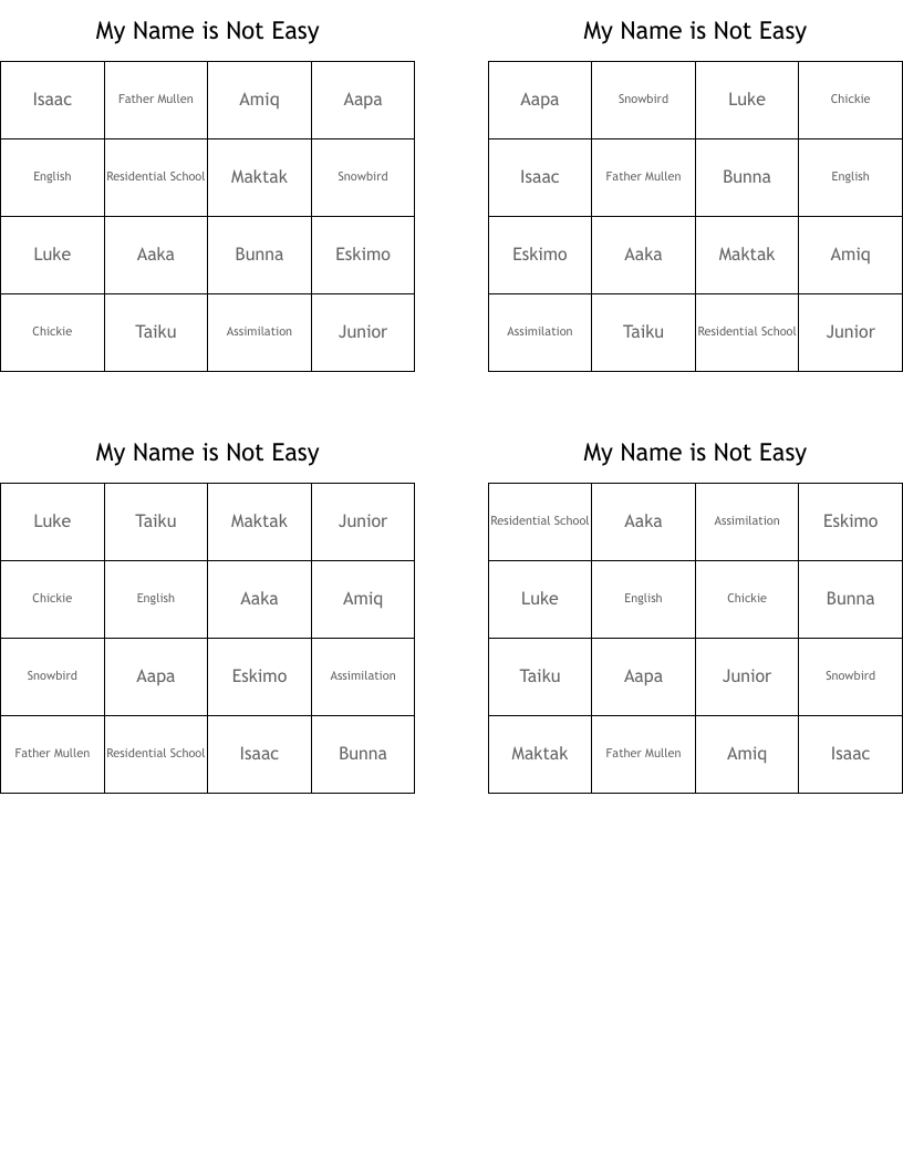 My Name is Not Easy Bingo Cards
