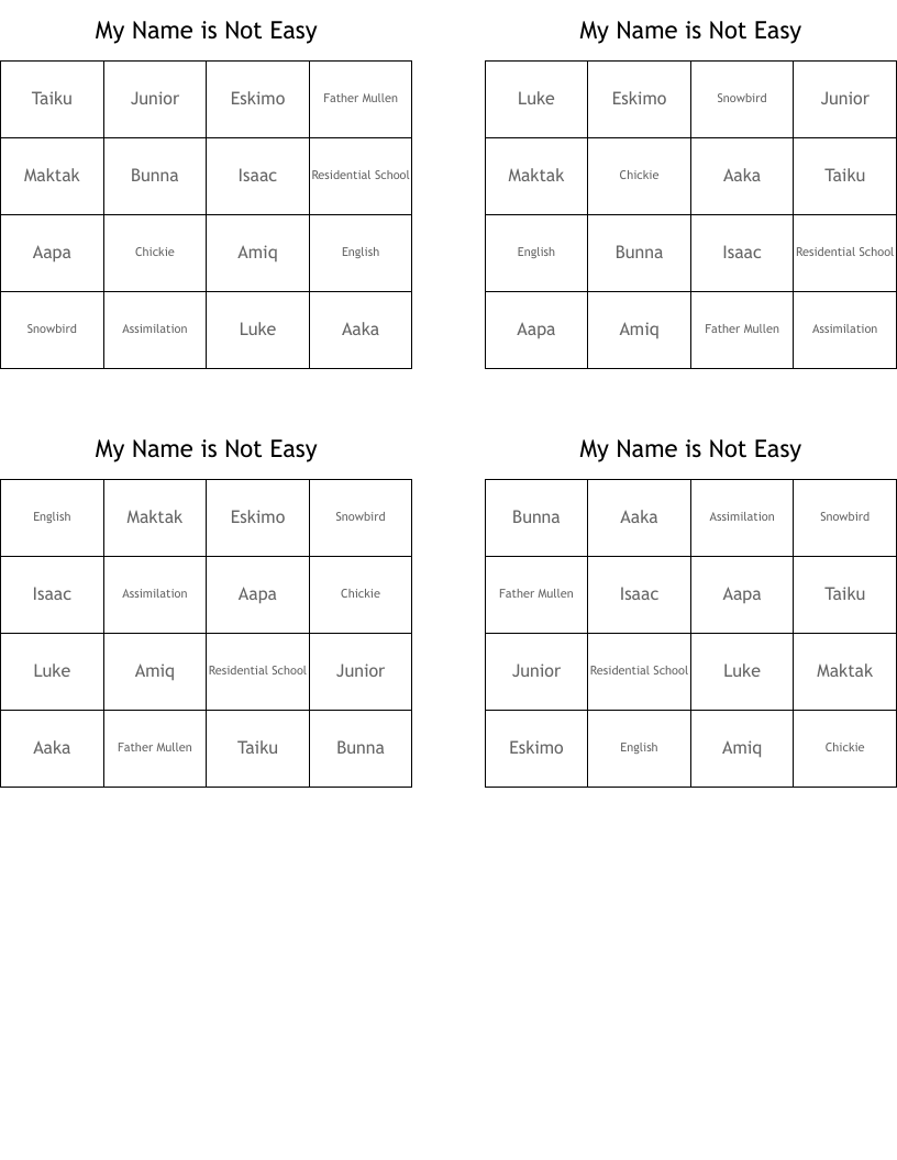 My Name is Not Easy Bingo Cards
