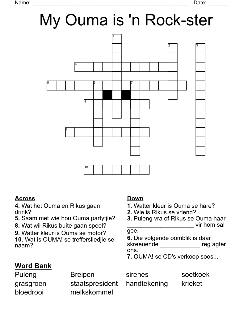 My Ouma is 'n Rock-ster Crossword