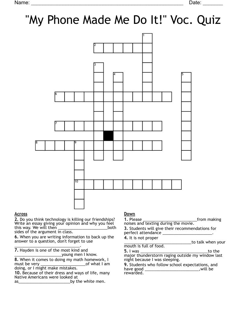 "My Phone Made Me Do It!" Voc. Quiz Crossword