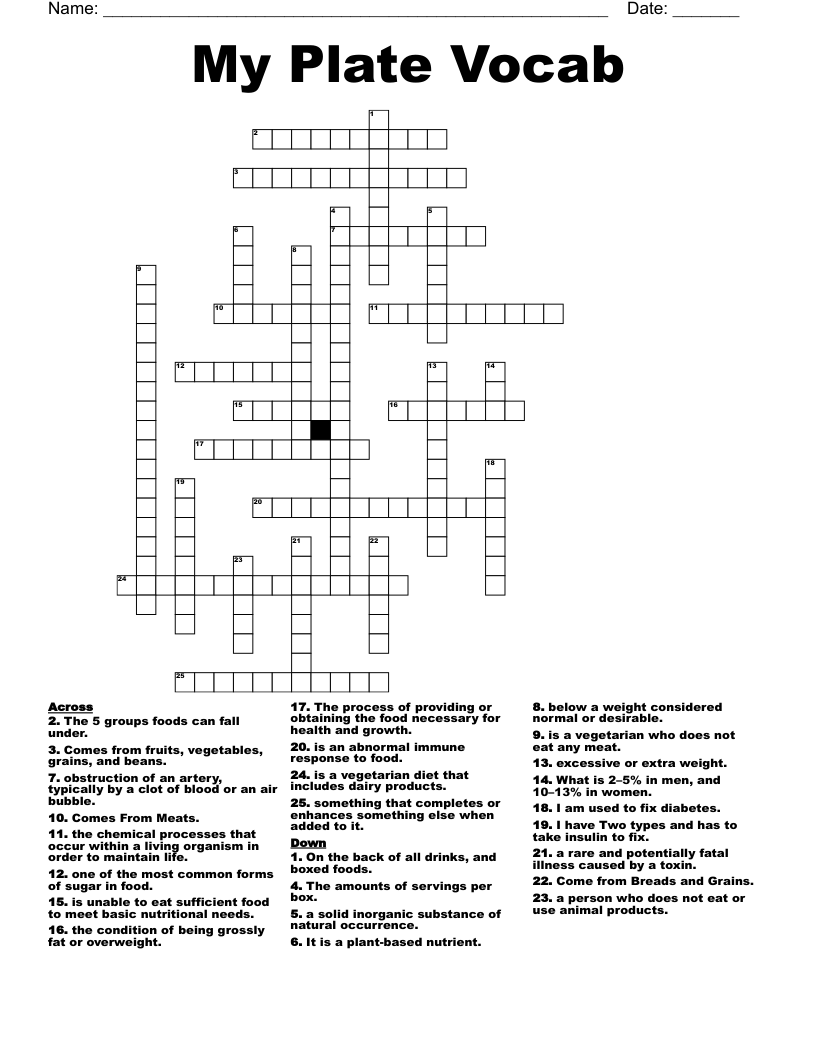 My Plate Vocab Crossword