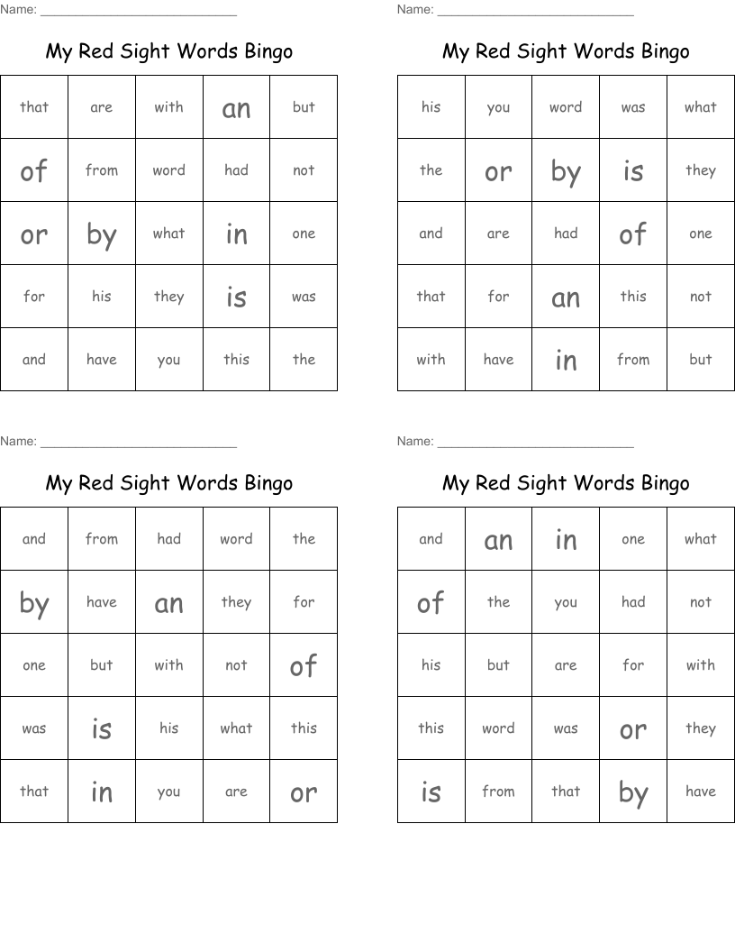 My Red Sight Words Bingo