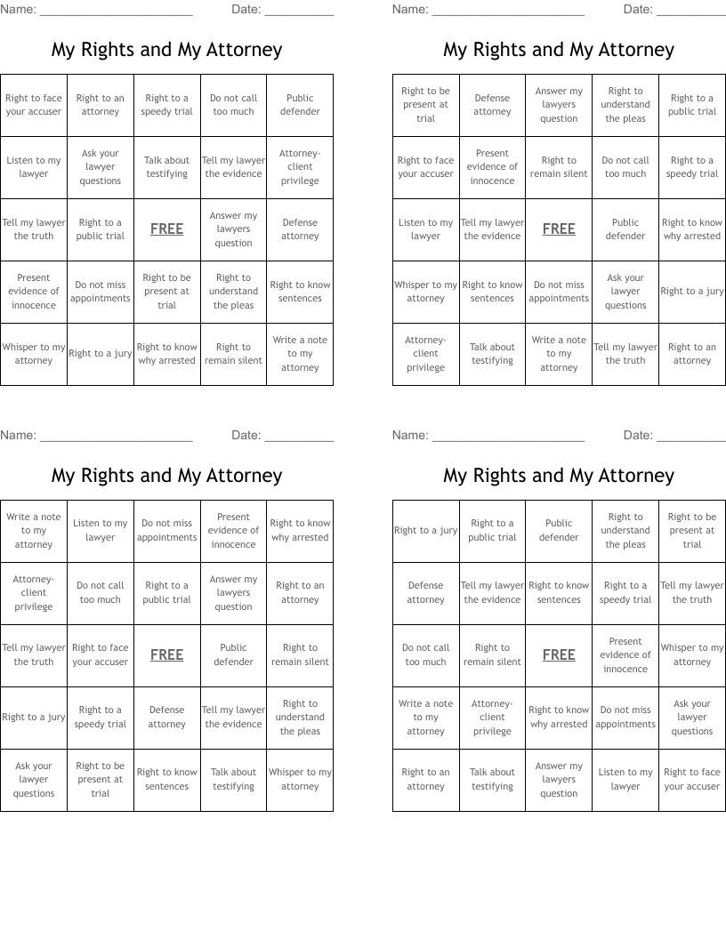 My Rights and My Attorney  Bingo Cards