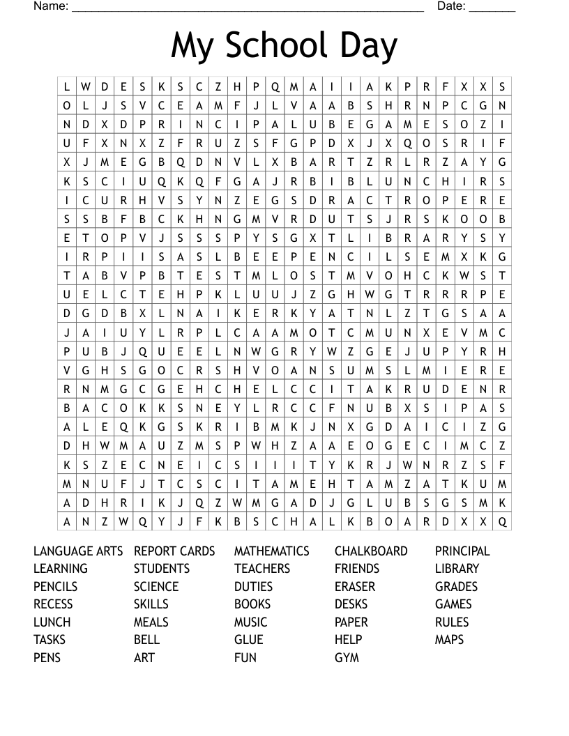 My School Day Word Search