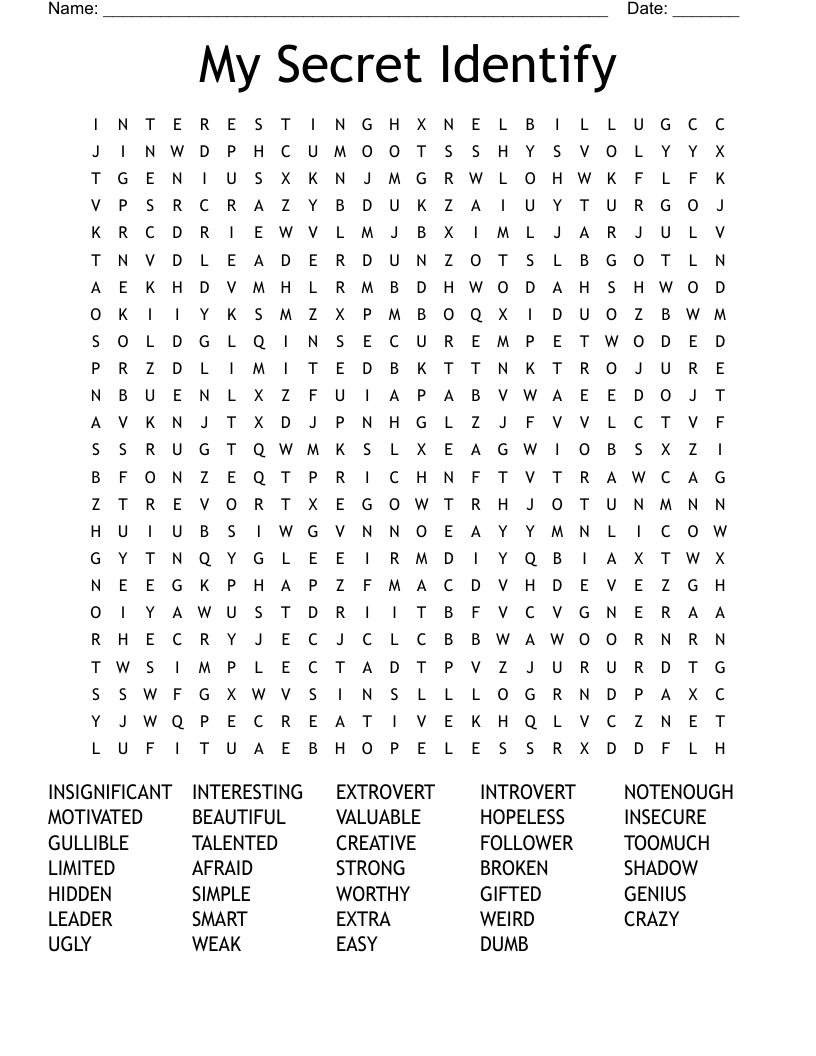 My Secret Identify Word Search