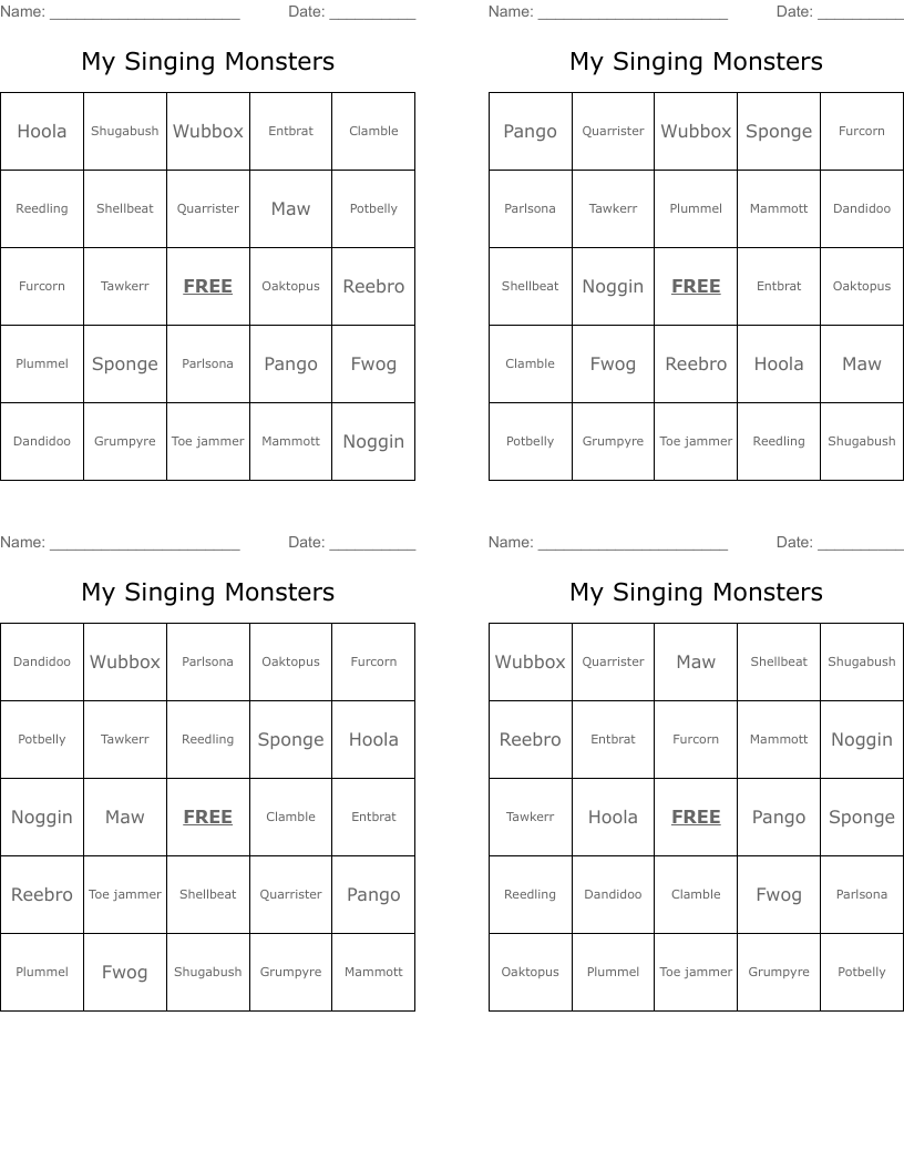 My Singing Monsters Bingo Cards