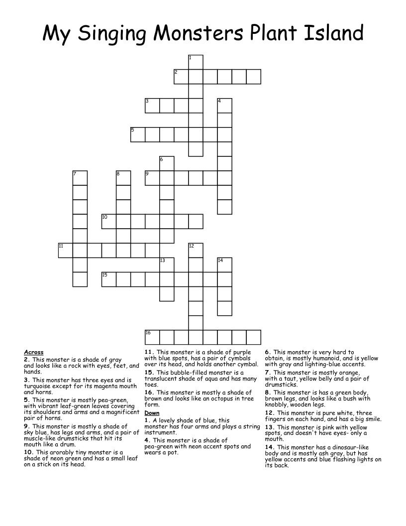 My Singing Monsters Plant Island Crossword