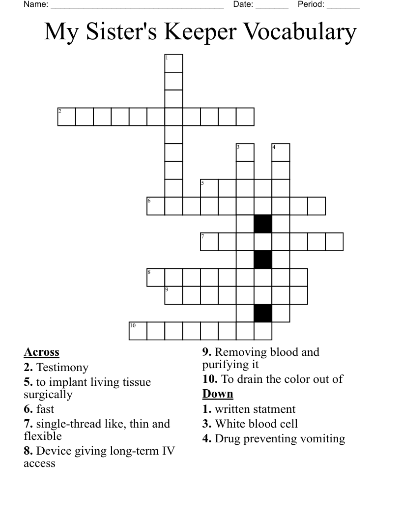My Sister's Keeper Vocabulary Crossword