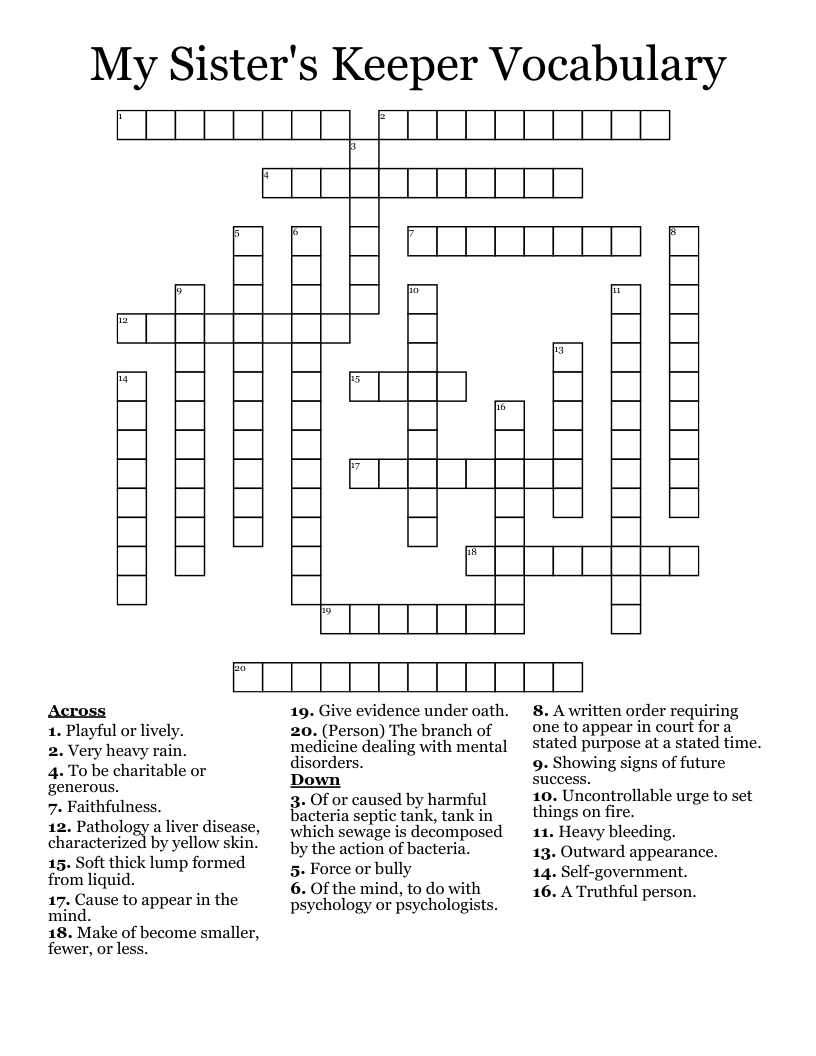 My Sister's Keeper Vocabulary  Crossword