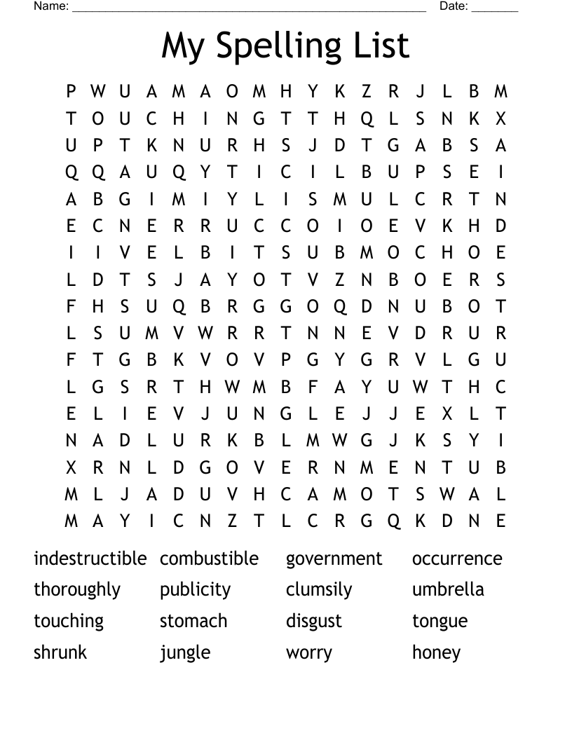 My Spelling List Word Search