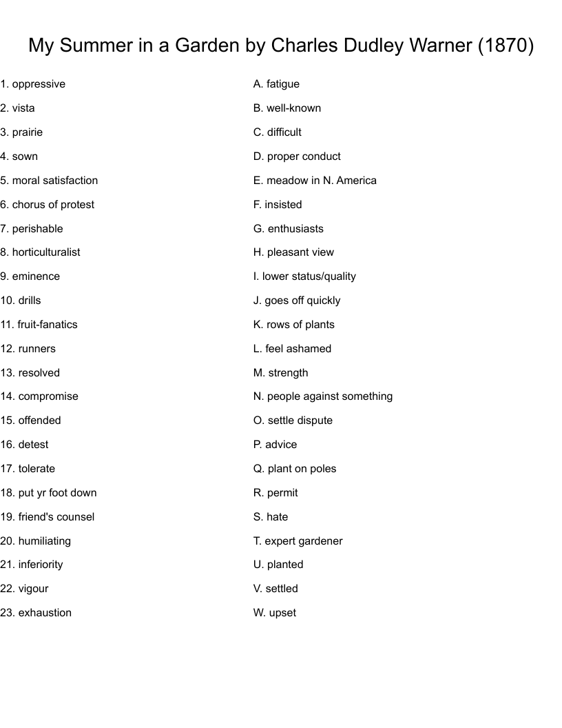 My Summer in a Garden by Charles Dudley Warner (1870) Worksheet