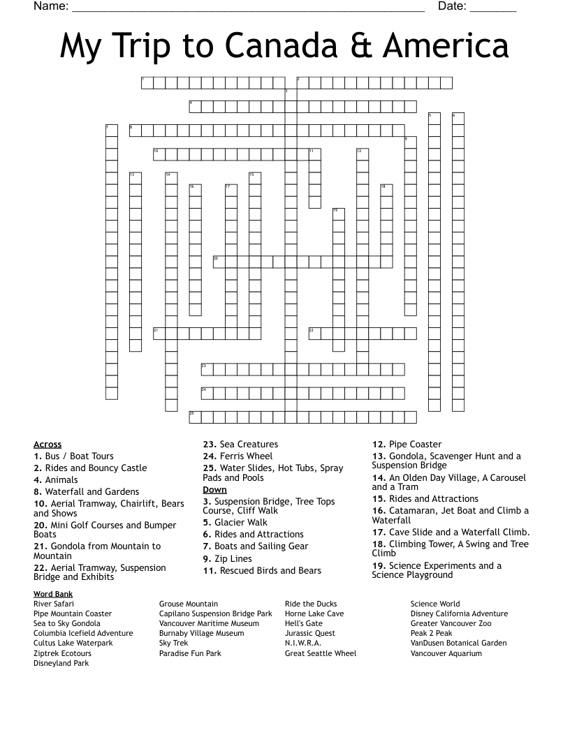 My Trip to Canada & America Crossword
