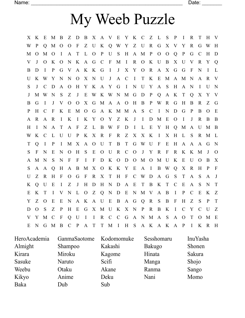My Weeb Puzzle Word Search