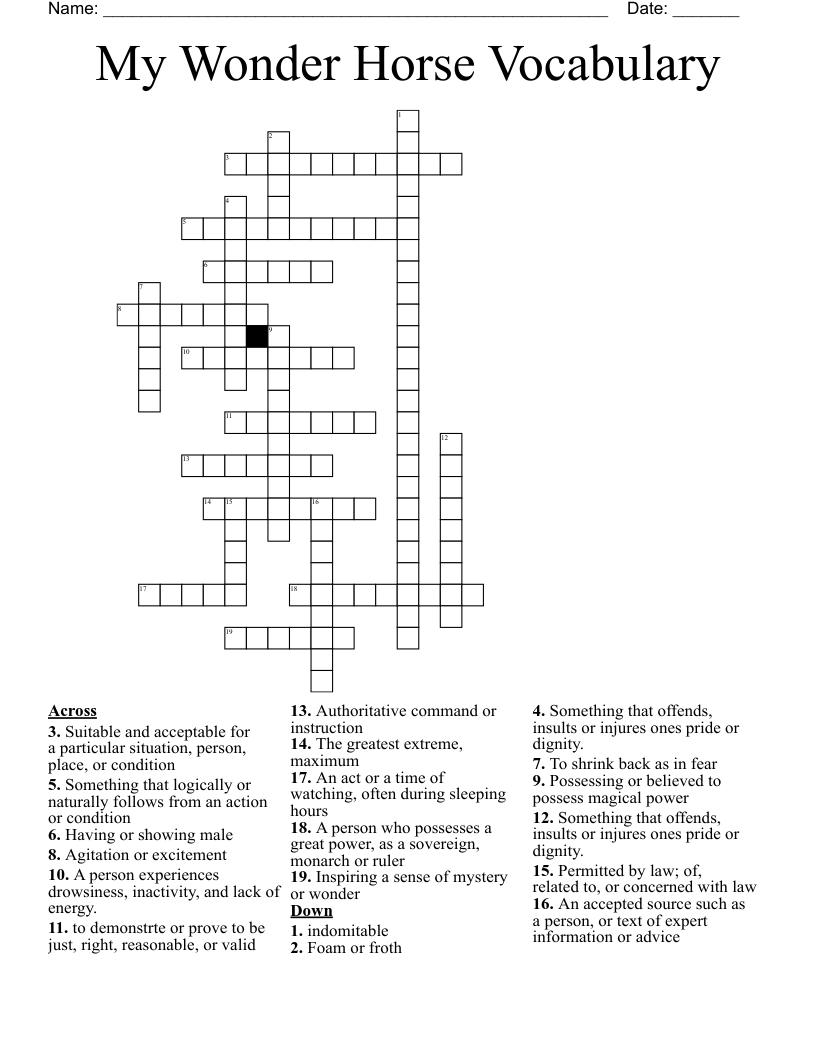 My Wonder Horse Vocabulary Crossword