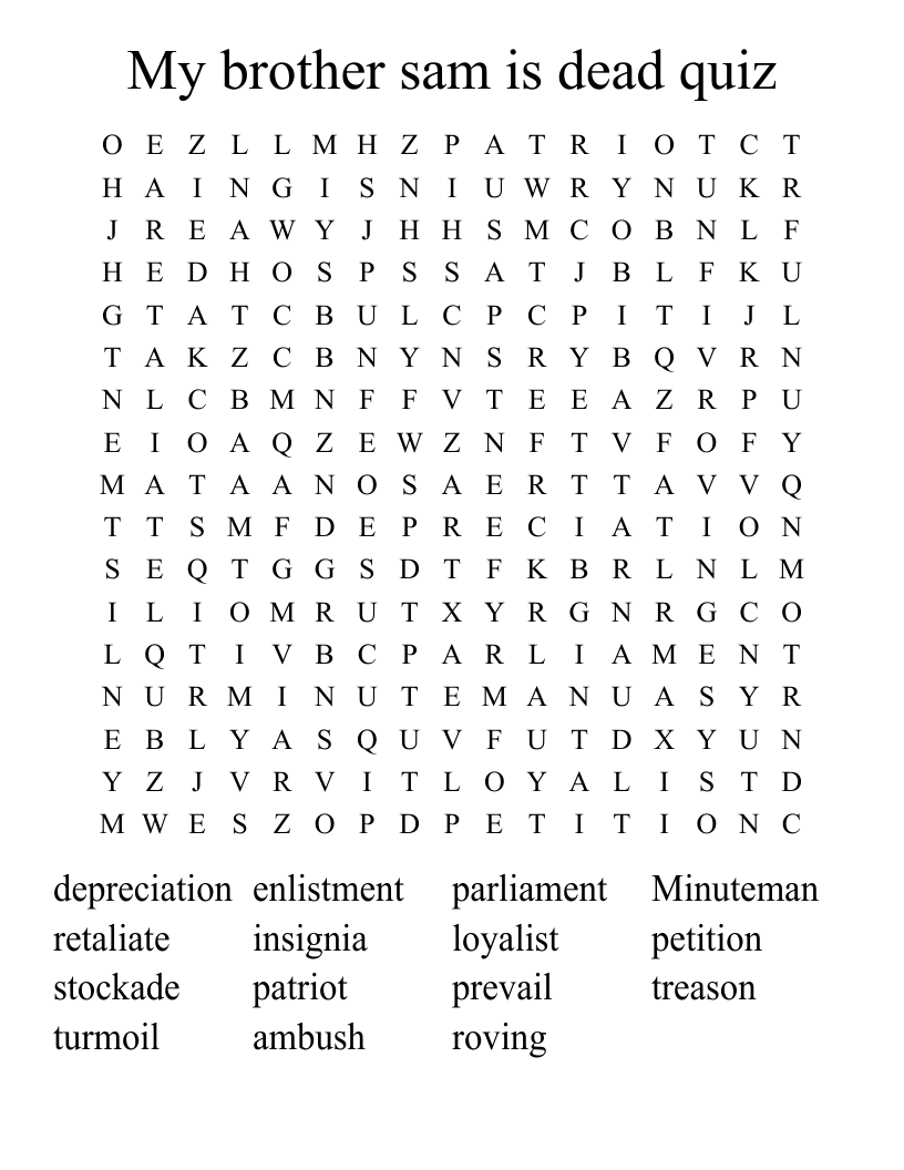 My brother sam is dead quiz Word Search