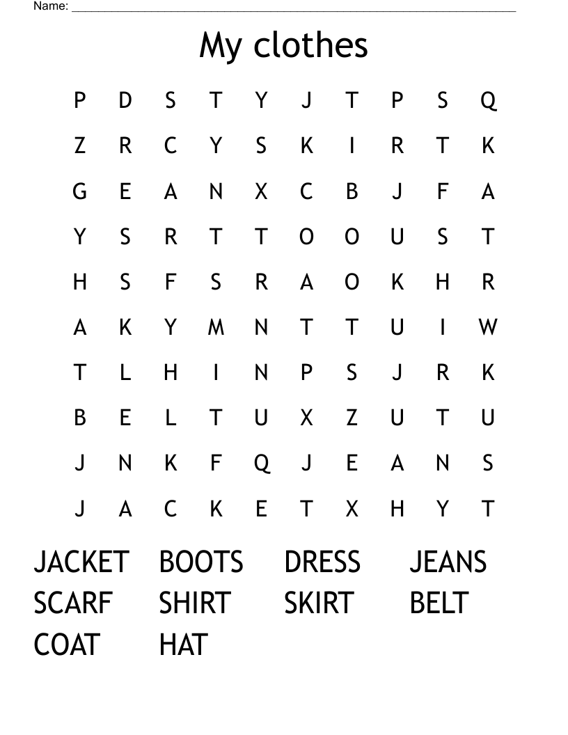 My clothes Word Search