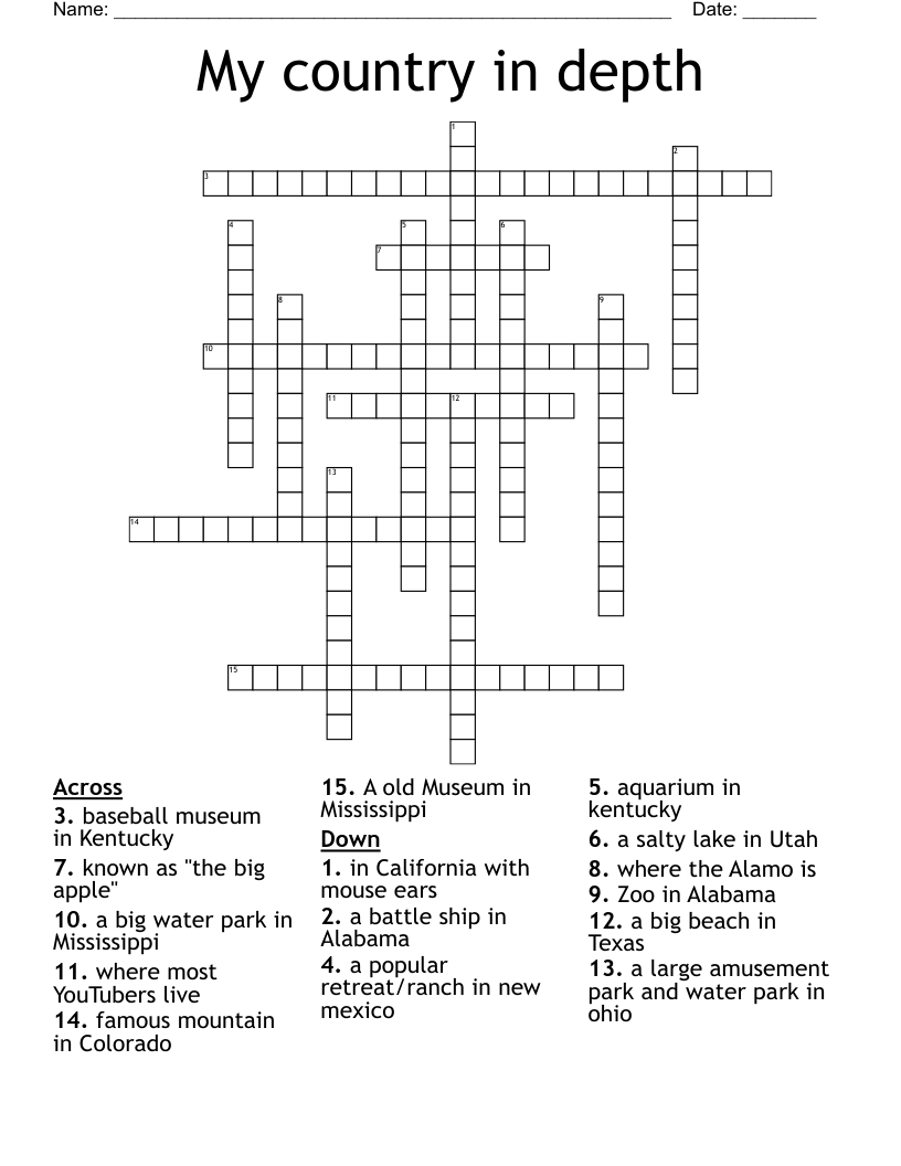 My country in depth Crossword