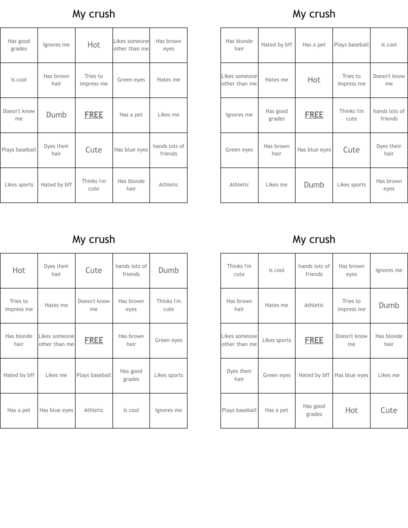 My crush  Bingo Cards