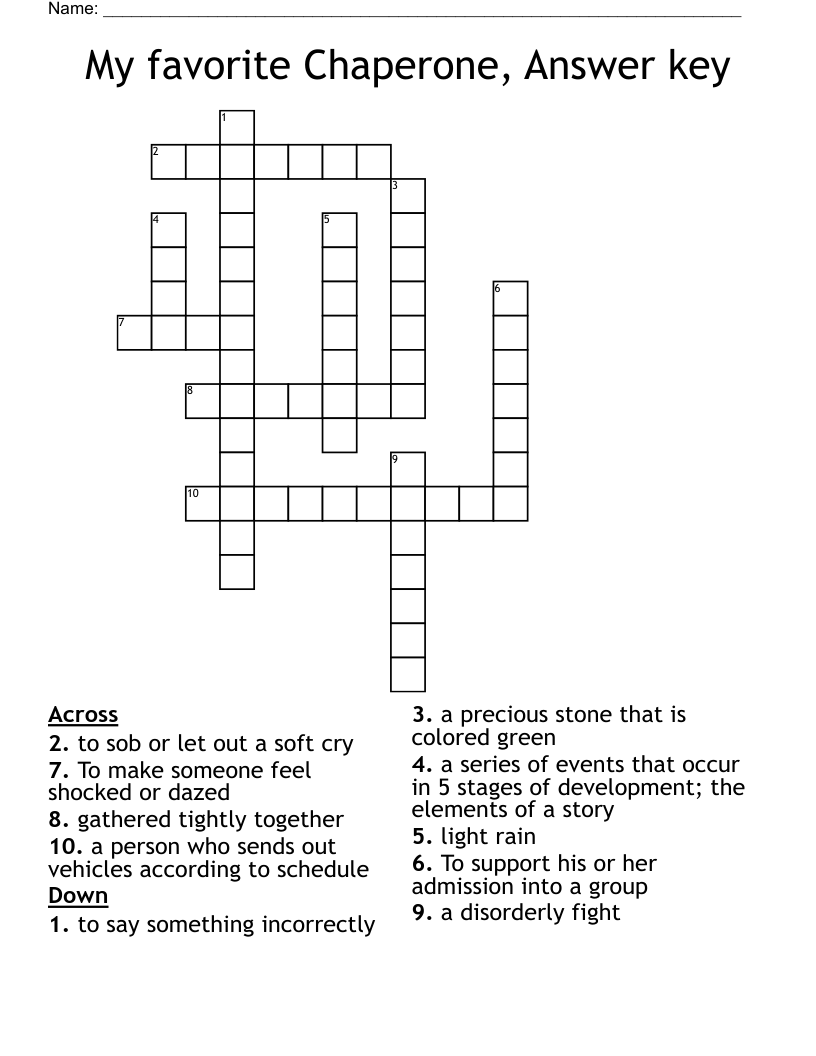 My favorite Chaperone, Answer key Crossword