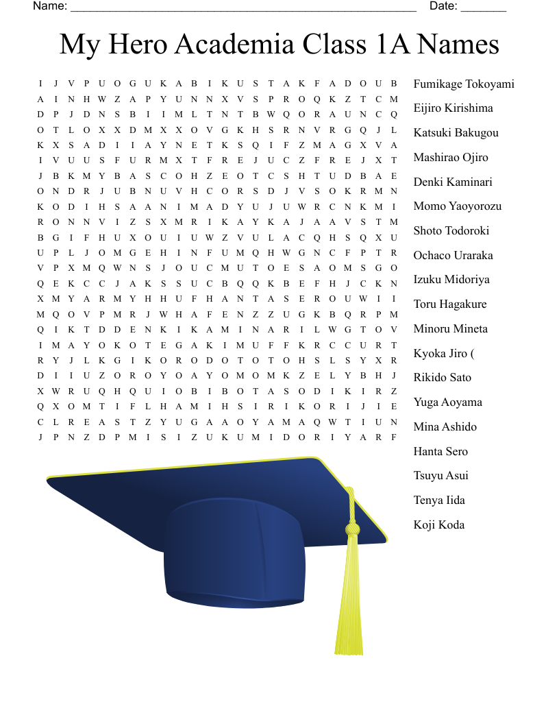 My Hero Academia Class 1A Names Word Search