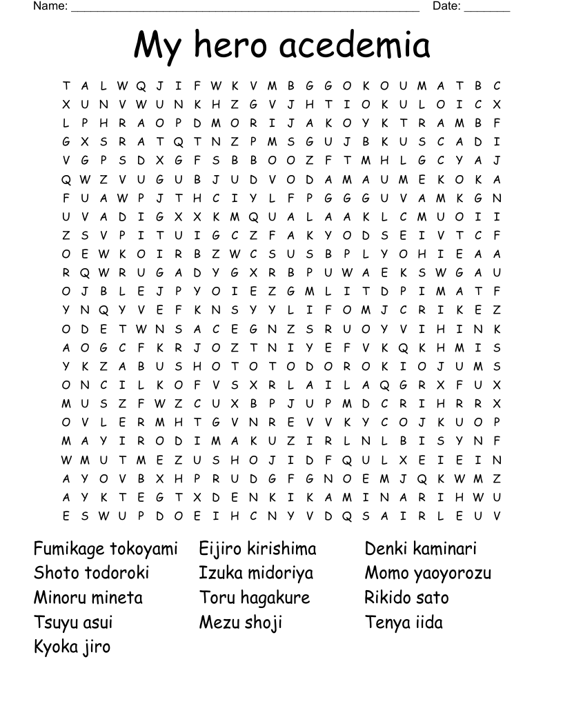 My hero acedemia Word Search