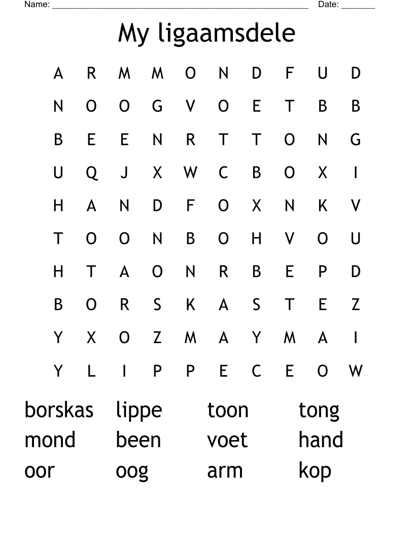 My ligaamsdele Word Search