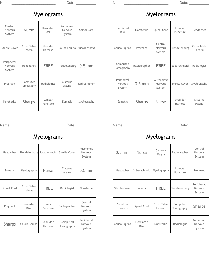 Myelograms Bingo Cards