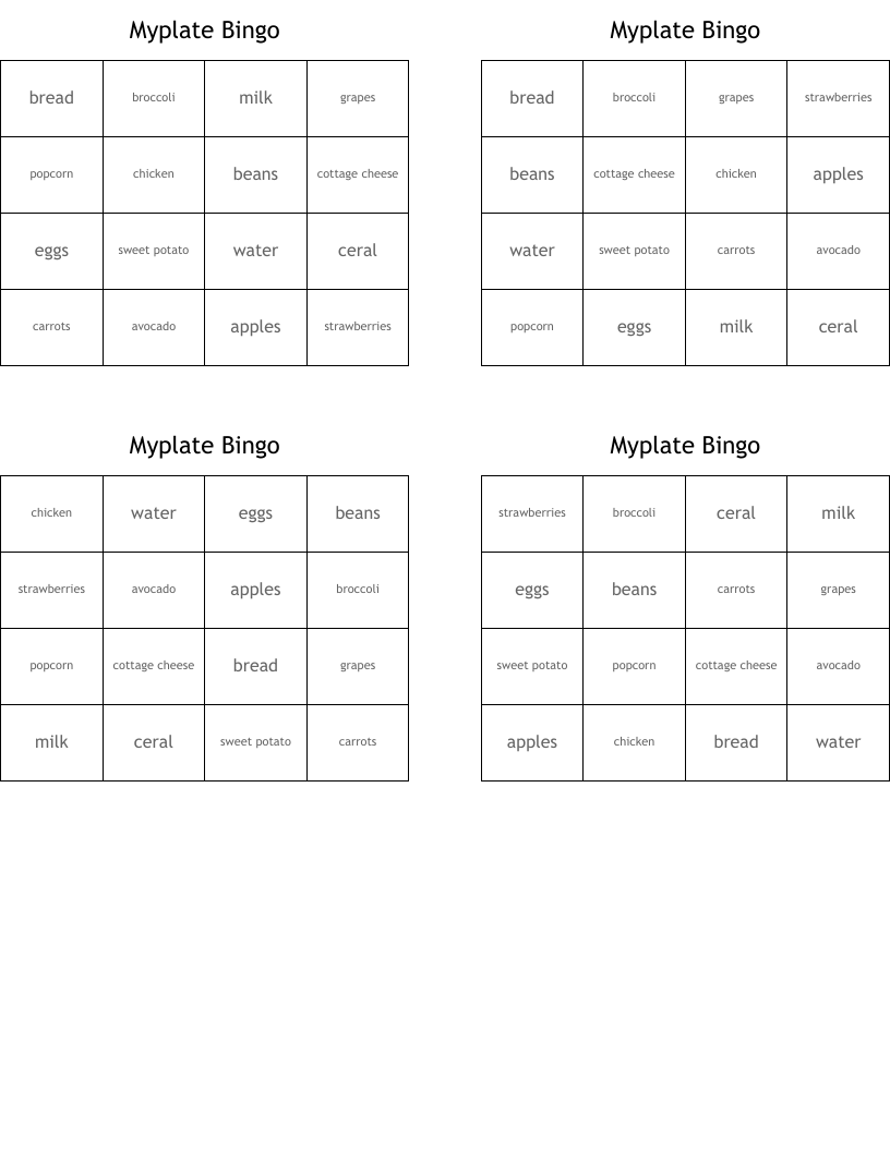 Myplate Bingo